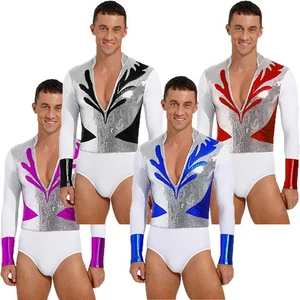 Mens Dancewear Long Sleeve Bodysuit Costume Leotard Latin Metallic V-Neck Shiny - Picture 1 of 58