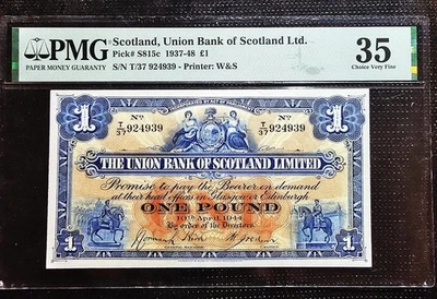 1944 Union Bank of Scotland £1 Note Brilliant Color & Eye Appeal PMG VF35 #S815c - Image 1 of 2