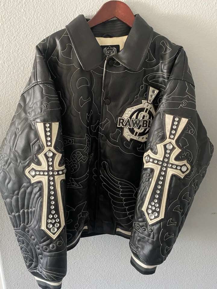 Chaqueta de bombardero de cuero azul crudo vintage para hombre 2XL negra Dragon Nu Realms Y2K Foto 1 de 4