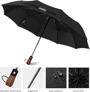 Mikafen Windproof Umbrella Black Auto Open Close 10 Ribs Wood Handle Travel - Picture 1 of 9