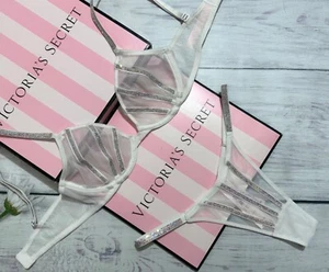 Victoria's Secret Sheer Shine Strap Low-Cut Demi Bra Thong Set White - Picture 1 of 10
