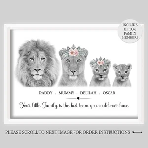 Personalised Lion Family Print | Lioness Cubs | A4 size | Home Gift Baby - Picture 1 of 5