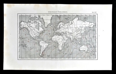 Mapa meteorológico mundial Muller 1872 Whewell's Isorachian o líneas de marea conjunta mareas de surf Foto 1 de 2