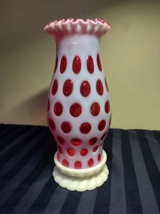 Fenton Cranberry Opalescent Coin Dot Hurricane Candle Lamp With Milk Base - Picture 1 of 10