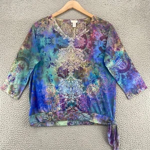 Chicos Top Womens 1 US Medium Blue Multi Batik Rhinestone V Neck Dolman Sleeve - Picture 1 of 11