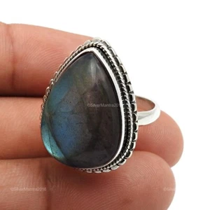 Natural Labradorita Bisel Nuevo Tendencia Artesano Anillo Joyería Talla 8 Sólido - Imagen 1 de 10