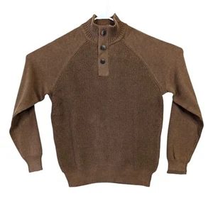 Maglione pullover maglia marrone medio uomo vintage resistente alle intemperie 3 bottoni finto collo - Foto 1 di 4