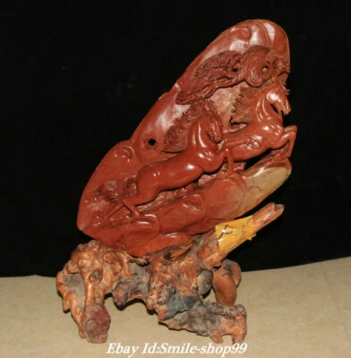 17.3"China Natural Shoushan Stone Feng Shui Zodiac Animal 8 Horse Success Statue - Image 1 of 4