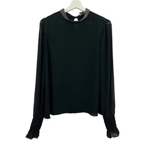 Go Silk Shirt Embellished Collar Long Sleeve Black Size L - Picture 1 of 4