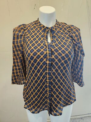 Eva Franco Anthropologie Textured Plaid Puff Sleeve Button Up Top LINED Sz 8 Foto 1 de 4