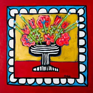 SOLD Jeri Dube Original Painting Collectible Flowers Black & White Vase 12 Wood - Picture 1 of 9