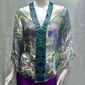 Vtg Y2K sheer silk beaded peacock top embellished sparkle angel bell sleeve XS S - Picture 1 of 4