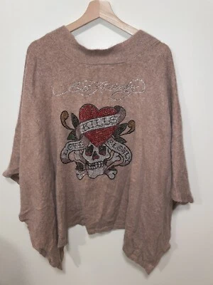 ED HARDY By Christian Audigier Tan Brown Rhinestones Shawl Wrap OS Love Kills - Image 1 of 3