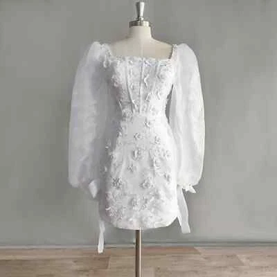 Delicate Short Wedding Dresses with Puff Long Sleeves 3D Flowers Bridal Gowns - Image 1 of 4