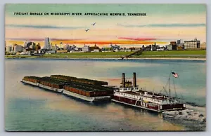Postcard Freight Barges on Mississippi River Approaching Memphis TN Posted 1945 - Picture 1 of 2