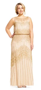 Adrianna Papell Champagne/Gold Sheer Neckline Embellished Blouson Gown 16W $379 - Picture 1 of 4