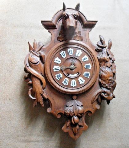 Antique Black forest wood carved hunting trophy clock fish rabbit dog 1900 Cover