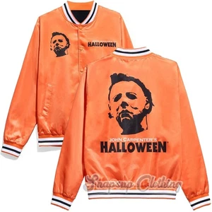 Unisex Boogeyman Michael Myers Naranja Satén Bombardero Halloween Semana Chaqueta Universitaria - Imagen 1 de 7