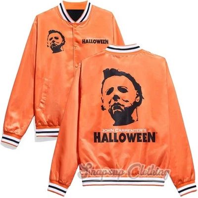 Jaqueta unissex bicho-papão Michael Myers laranja cetim bombardeiro semana Halloween Varsity - Imagem 1 de 4