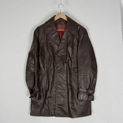 Vintage Sears Leather Jacket Brown Button Up Military Coat 90s Men’s Size 40 - Image 1 of 4