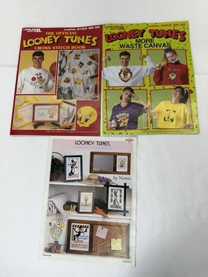 3 Vintage Leisure Arts Nomis Looney Tunes Cross Stitch & Waste Canvas Books - Image 1 of 4