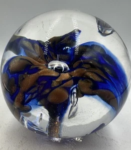 Cobalt Blue/Copper Flower Blown Art Glass Controlled Bubble Design Paperweight - Picture 1 of 7