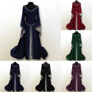 Womens Medieval Costume Dress with Long Sleeves and Elegant V Neck Design - Picture 1 of 16