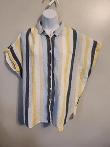 Time And Tru Oversized Stripe Cap Sleeve Button Up Top Boho Womens Sz L 12-14 - Picture 1 of 6
