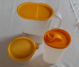3x Tupperware Set:  Kännchen Ölprinz, Kanne, Becher mit Deckel- Weiß/gelb - Bild 1 von 8