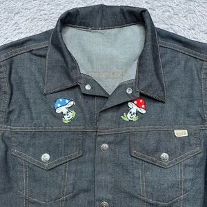 Vintage Sears Toughskins Jean Jacket Mens Small Denim Mushroom Patch 70s Biker - Picture 1 of 10