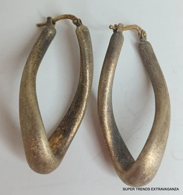 Women's Signed OG Italian Sterling Silver 925 Long Brushed Twisted Hoop Earrings - Image 1 of 4