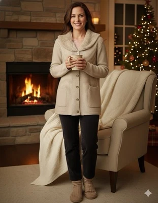 复古 Elie Tahari For Saks 5th Ave 兔毛修剪美利奴羊毛开衫 尺寸 M — 第 1/4 张图片