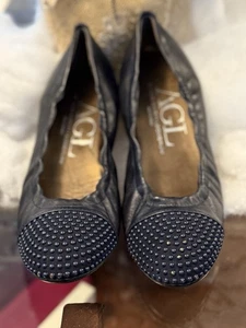 AGL Ballet Flats Navy Leather Capped Toe with Metallic Beads Sz 39.5 US 9.5 - Picture 1 of 12