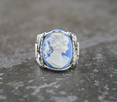 Sterling Silver Blue Cameo Cabochon Wire Wrapped Ring - Image 1 of 4