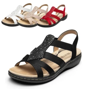 Women Casual Slip On Flat Sandals Open Toe Elastic Strap Dress Shoes - Picture 1 of 41