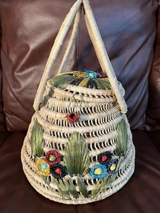 Beautiful Vintage Straw Tote Basket with Lid Acapulco Woven Carry Bag Applique - Picture 1 of 6