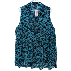Torrid Blouse 1X Blue Black Leopard Print Sleeveless Button Up Shirt Pocket NWT - Picture 1 of 5