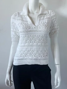 Cotton by Autumn Top Cashmere Spread Collar Pointelle White Size Small - Picture 1 of 3