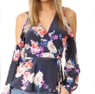 Yumi Kim Love Struck Silk Floral Cold Shoulder Rosewood L/S Wrap Blouse Size XS - Image 1 of 4