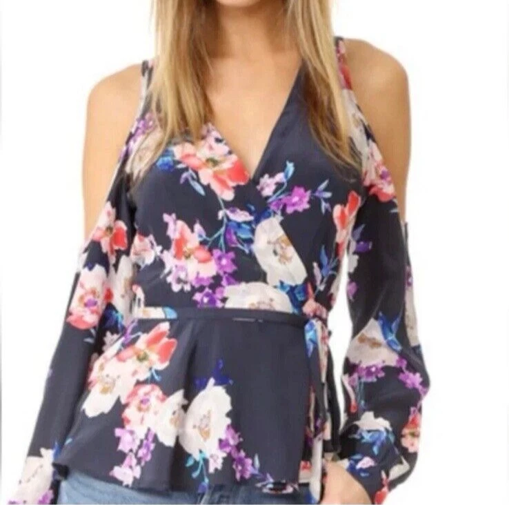 Yumi Kim Love Struck Silk Floral Cold Shoulder Rosewood L/S Wrap Blouse Size XS - Image 1 of 4