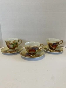 3 Vintage INARCO Japan Teetassen & Untertassen handbemalt mit Früchten & Gold *Herbst* - Bild 1 von 7
