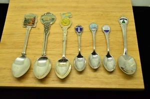 LOT OF 7 SILVER PLATED ENAMEL COLLECTOR SPOONS -VARIOUS FROM AROUND THE USA - Picture 1 of 4