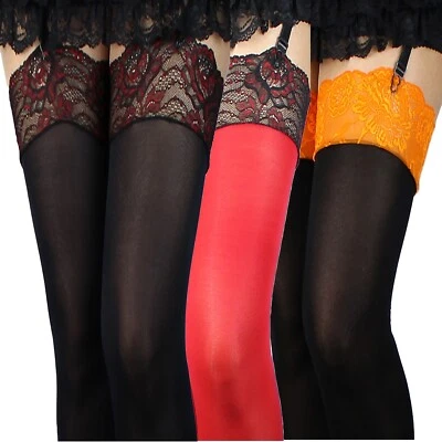 Strapsstrümpfe mit farbige Spitze dicke 60 den Strümpfe Strapse schwarz rot weiß - Bild 1 von 4