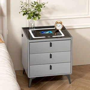 Nachttisch LED Hochglanz Beistellkommode mit 3 Schubladen Nachtschrank Grau Fewo - Bild 1 von 12