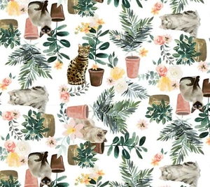 White Cat Plants Cotton Fabric 3 Wishes Tabby Persian Siamese Chonks Slonks - Picture 1 of 2
