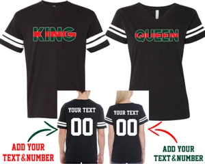 King Queen GREEN RED Fine JERSEY STYLE COUPLES TSHIRTS CUSTOM BACK PERSONALIZED - Picture 1 of 3