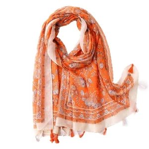 Women Boho Scarf Lightweight Floral Printed Fashion Fringed Hawaiian Shawl Wraps - Picture 1 of 31