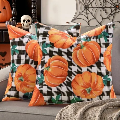 Juego de 2 fundas de almohada decorativas de lino calabaza naranja otoño 16x16 Buffalo Foto 1 de 4