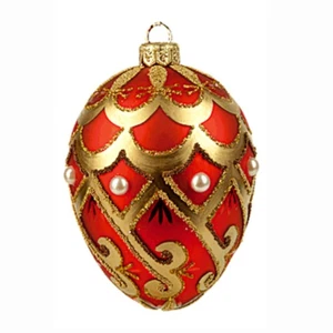 Red and Gold Swirl Pearl Egg Polish Glass Christmas Ornament Easter Decoration - Picture 1 of 2