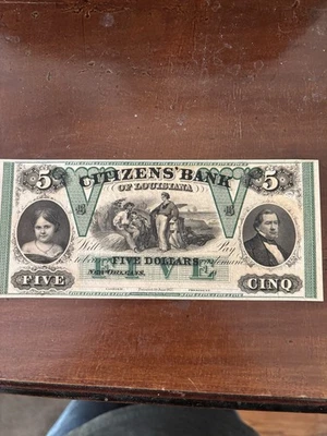1800s $5 the Citizens' Bank of Louisiana New Orleans La Obsolete Uncirculated - Image 1 of 4